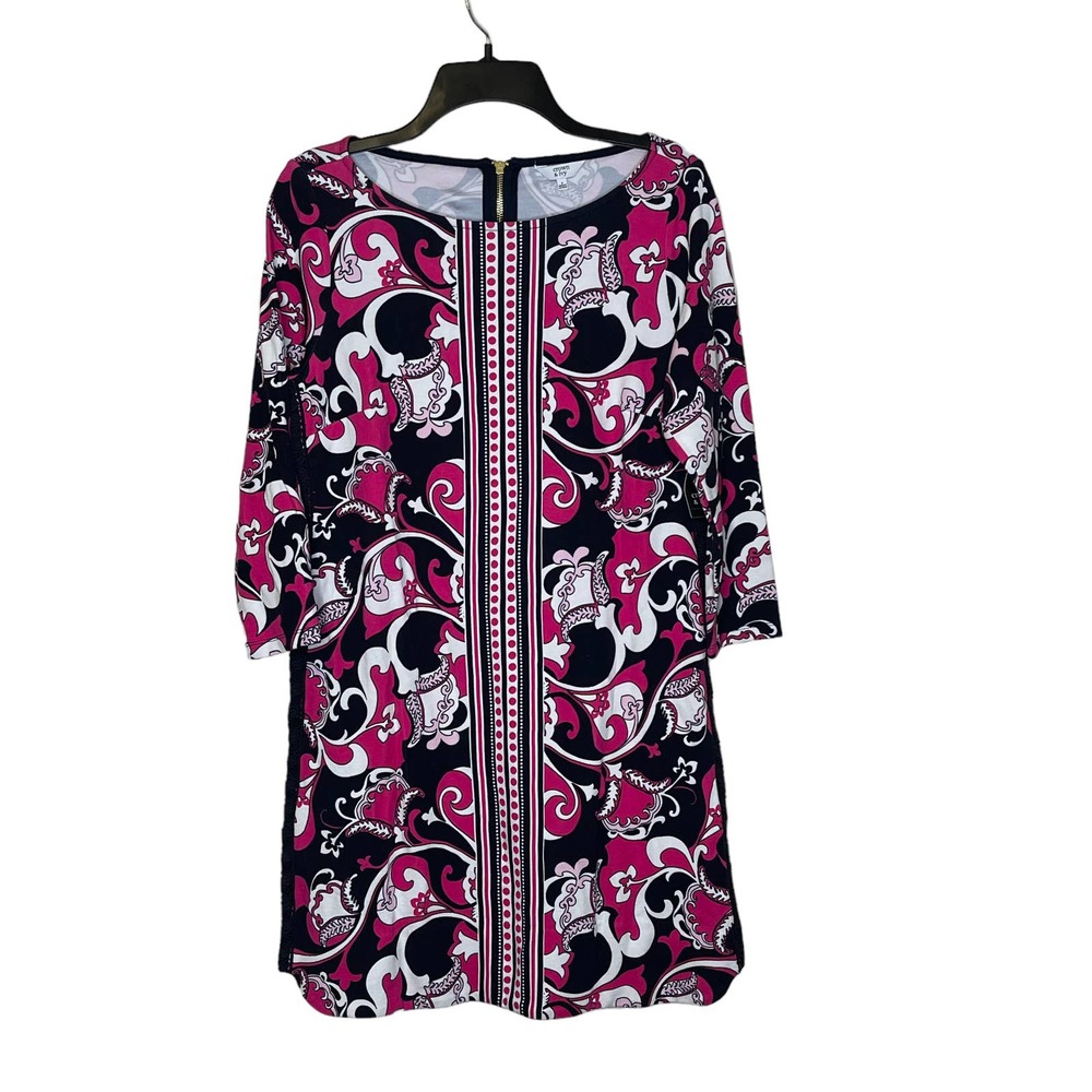 Crown & Ivy Paisley Tunic Shift Dress Piping 3/4 Sleeve Zip Back Women Small NWT